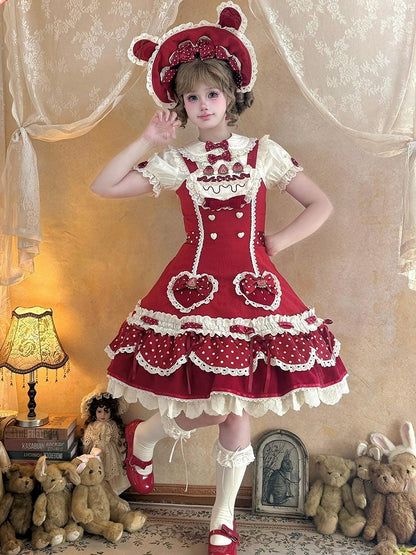 Strawberry-Print JSK Dress with Polka-Dot Bow & Peter Pan Collar Blouse Set - Day Rabbit