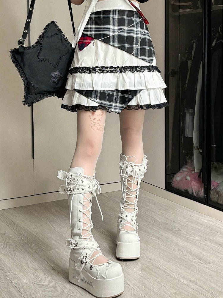 スカート ティアード ジライ チェック柄 ケイ トリム レース アイドル ホワイト