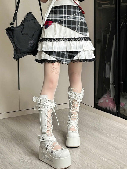 スカート ティアード ジライ チェック柄 ケイ トリム レース アイドル ホワイト