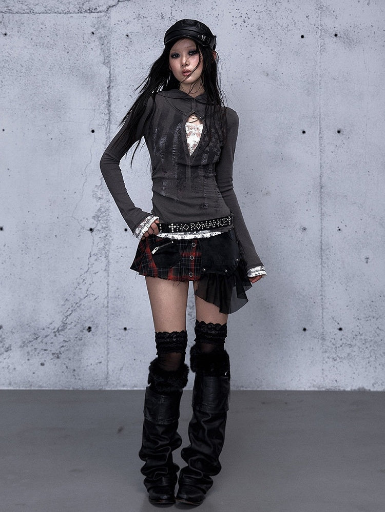 Dark Slim-fitting Button with Gray Hooded Top Placket Partial V-neck Two-piece Version