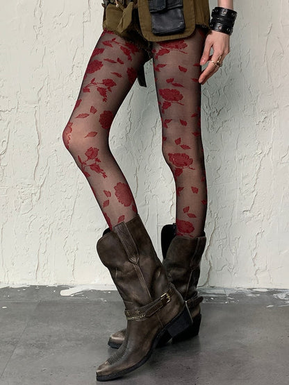 BlackRed Pattern Tights Gothic Rosette