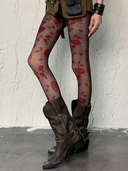 Pattern BlackRed Tights Rosette Gothic
