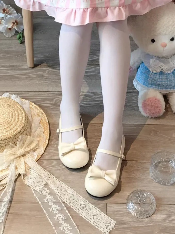 Leather Sweet Round Yellow Heels Buckle Lolita Toe Low in Bow Heart-shaped Accent PU Detachable