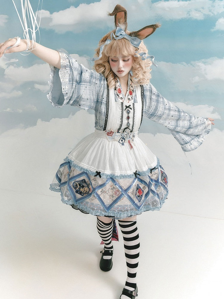 Blue Polka Dot Chinese Style Short Skirt Dress with Rabbit & Rose Pattern - Zao Jing Ji