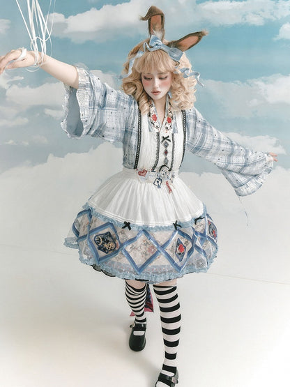 Blue Polka Dot Chinese Style Short Skirt Dress with Rabbit & Rose Pattern - Zao Jing Ji