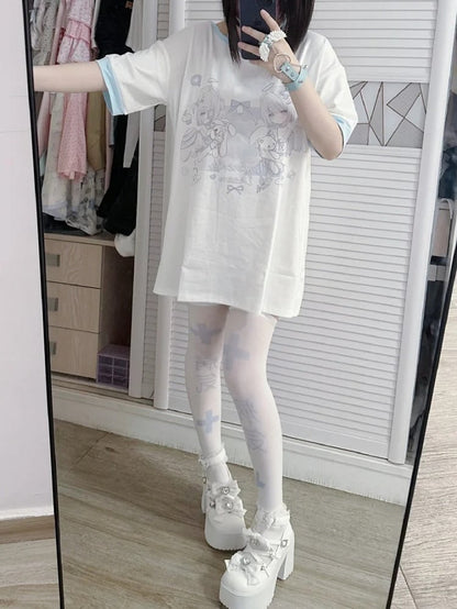 Neck Kawaii T-Shirt Yandere Angel Kei Top Light Blue Print Halter Style Jirai - Yami