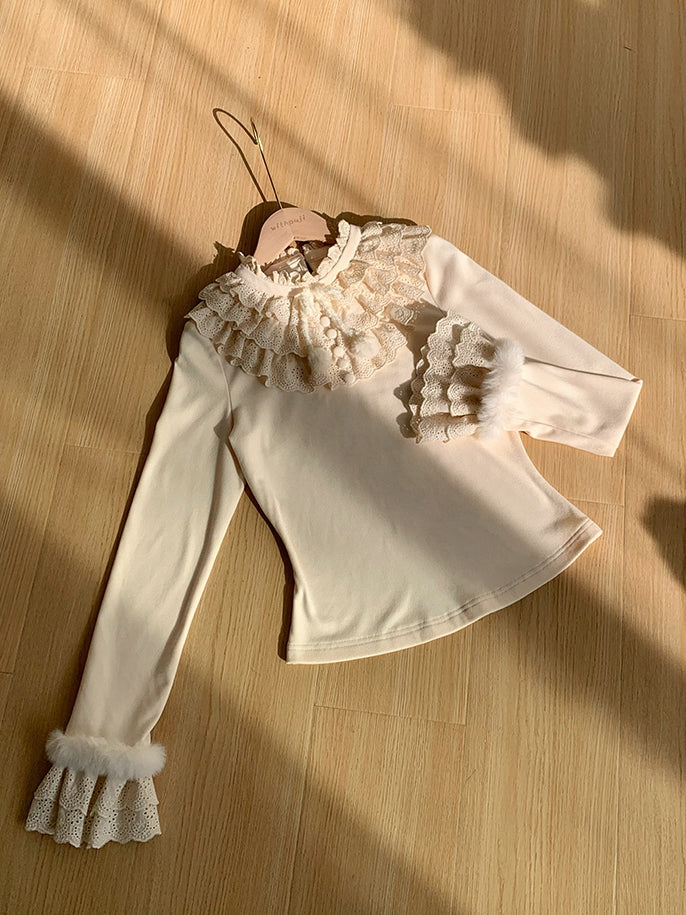 and Ruffles with for Autumn/Winter Top Layered Warm Lolita Fur-Accent Beige Soft