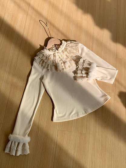 and Ruffles with for Autumn/Winter Top Layered Warm Lolita Fur-Accent Beige Soft