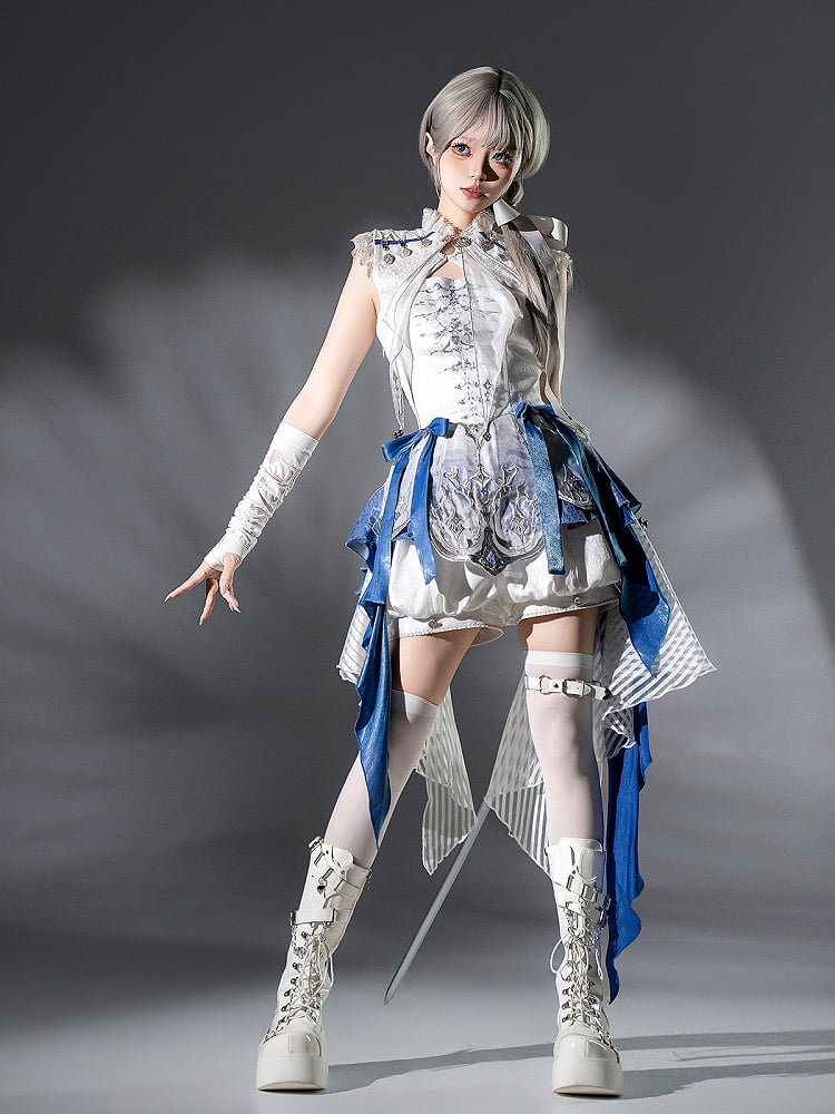 Lolita Handkerchief White Skirt with Blue Dragon And Neck Dress Straps Print Layered Crisscross Gothic Bone