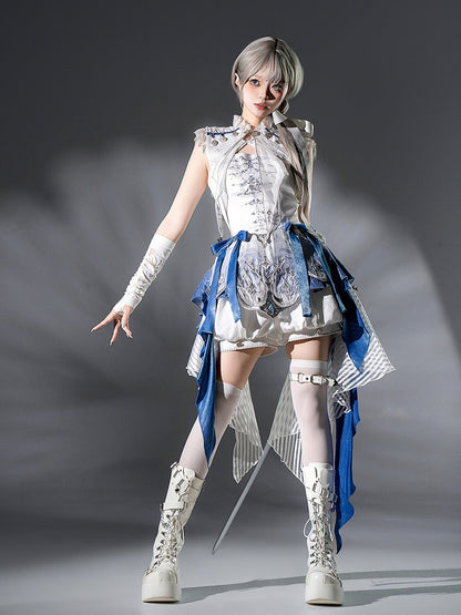 Handkerchief Neck Layered Print Blue Crisscross Straps Skirt And Dragon with Bone White Dress Gothic Lolita