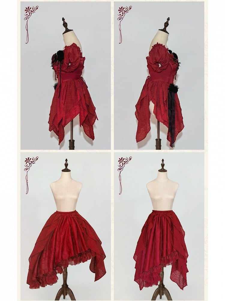 Red Butterfly Rhinestone Detail Puff Sleeve Lolita Top and Asymmetrical Hem Skirt Set - Sweet Wood Lolita