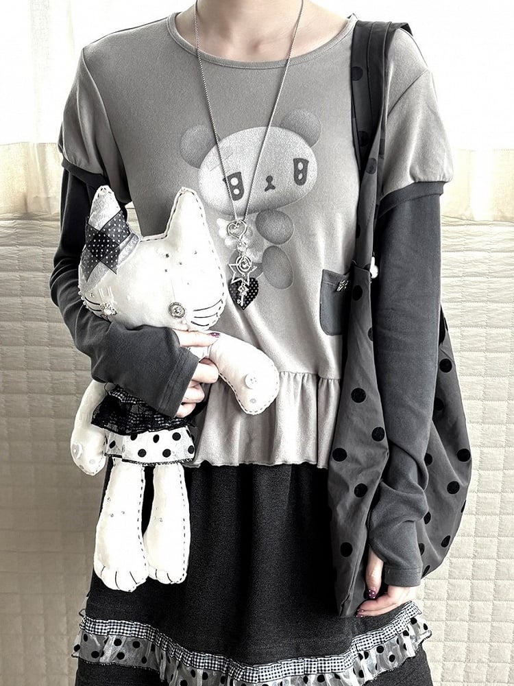 Two-piece Top Daily Thumbhole Gray Print Cuffs Long Sleeve with Bear Kawaii