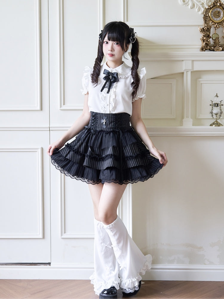 Jirai Kei Peter Collar Bowknot Sleeves Ruffled Lace Gothic Lolita Pan Trim White Blouse with Detachable Bell