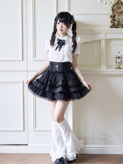Jirai Kei Peter Collar Bowknot Sleeves Ruffled Lace Gothic Lolita Pan Trim White Blouse with Detachable Bell