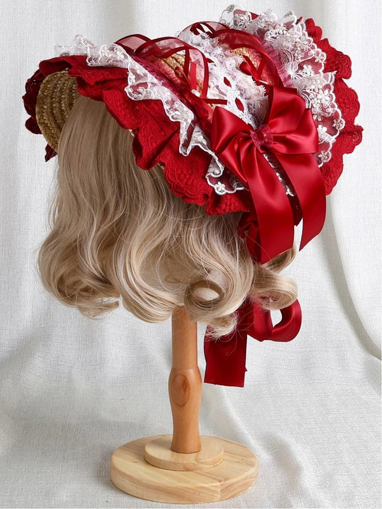 Lace Red Gold Bow Trim Bonnet Satin