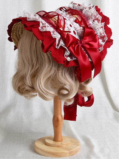 Lace Red Gold Bow Trim Bonnet Satin