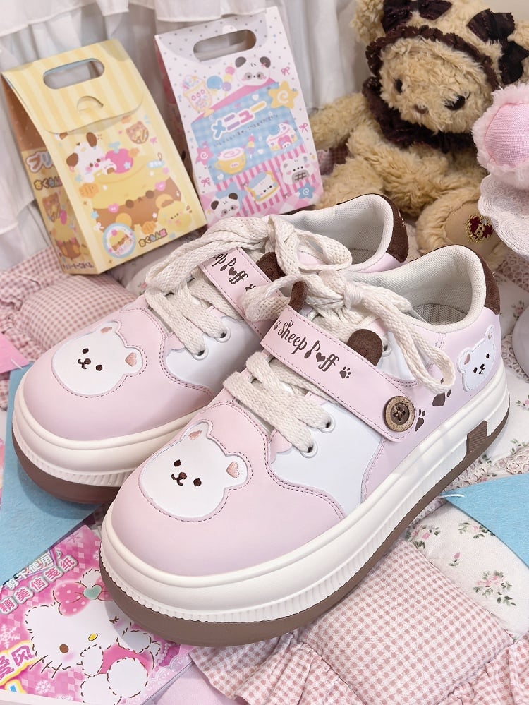Lace-up Lolita Design with in Print Pink Paw Closure Platform Velcro Sweet Removable Sneakers