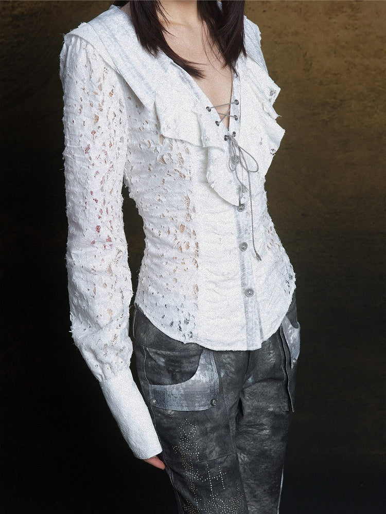 Blouse with Layered Lace-Up Detail Vintage Punk Collar White