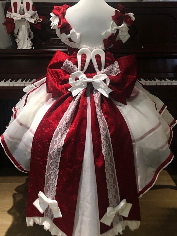 Red Rabbit Theme Lolita Cake JSK Dress KC Train Bow Full Set - Sweet Dream