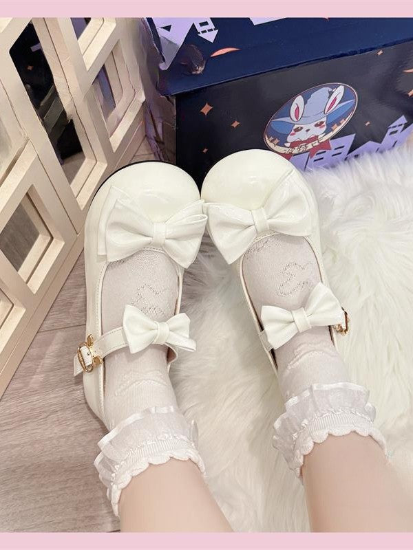 Round with Leather Shoes Lolita PU Sweet - Toe White Delicate Bow