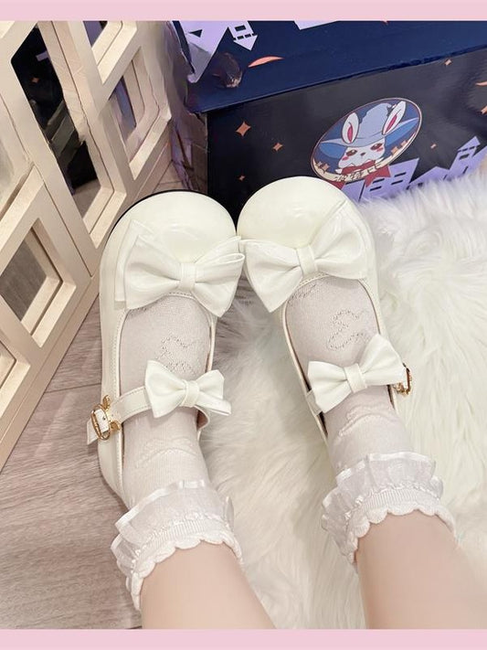 Round with Leather Shoes Lolita PU Sweet - Toe White Delicate Bow