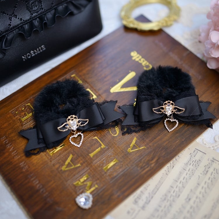 Jirai Kei Fluffy Bow Scrunchie with Angel Heart Rhinestones