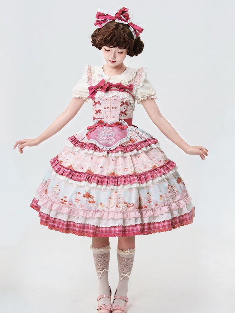 Pink Cherry Cake Print Sweet Lolita Dress with Layered Ruffles - Strawberry Fantasy