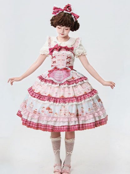Pink Cherry Cake Print Sweet Lolita Dress with Layered Ruffles - Strawberry Fantasy