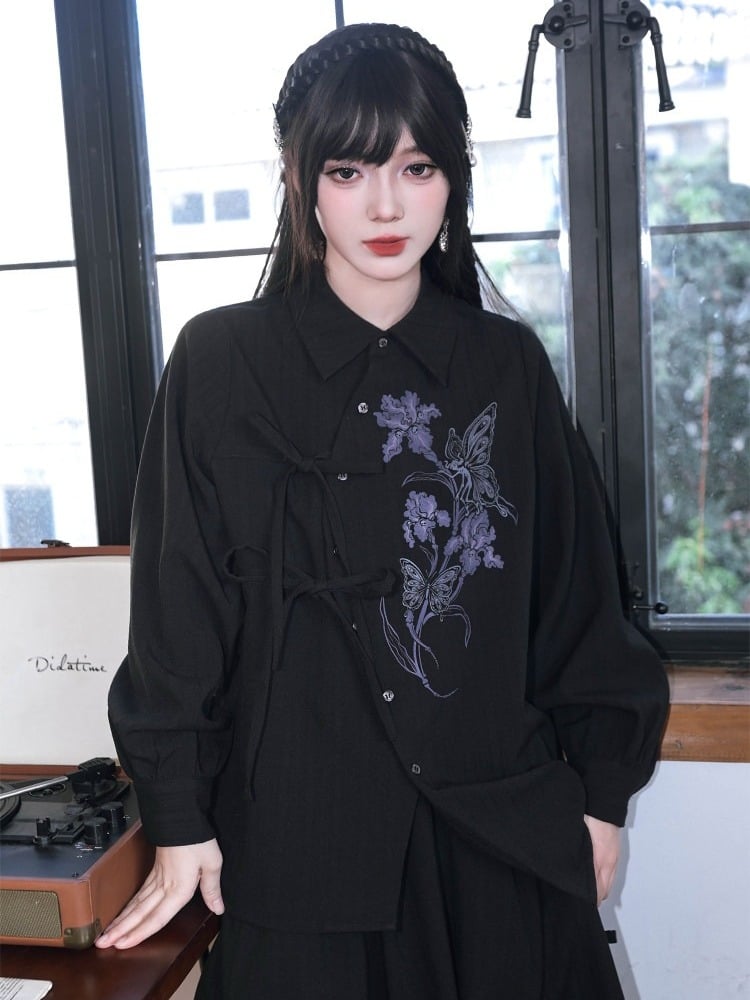 Gothic Long-Sleeve Shirt with Asymmetric Placket & Iris Print in Black Purple - Quirky Hut