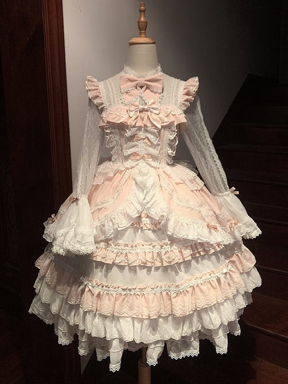 Accents Layered Light Hime Sleeves Ruffle Pink White Dress Lolita Bow with Bell