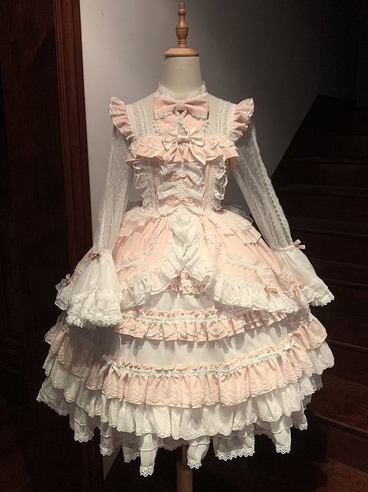 Accents Layered Light Hime Sleeves Ruffle Pink White Dress Lolita Bow with Bell