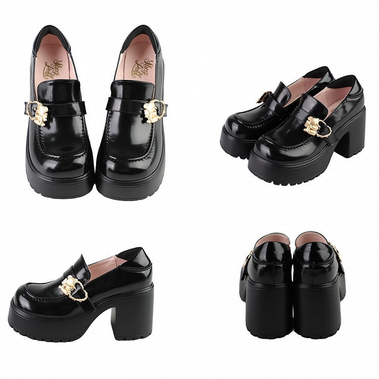 Polierte Blockschnallen High Bear Plateau Slip-Ons Schwarze Heels Hugging Heart