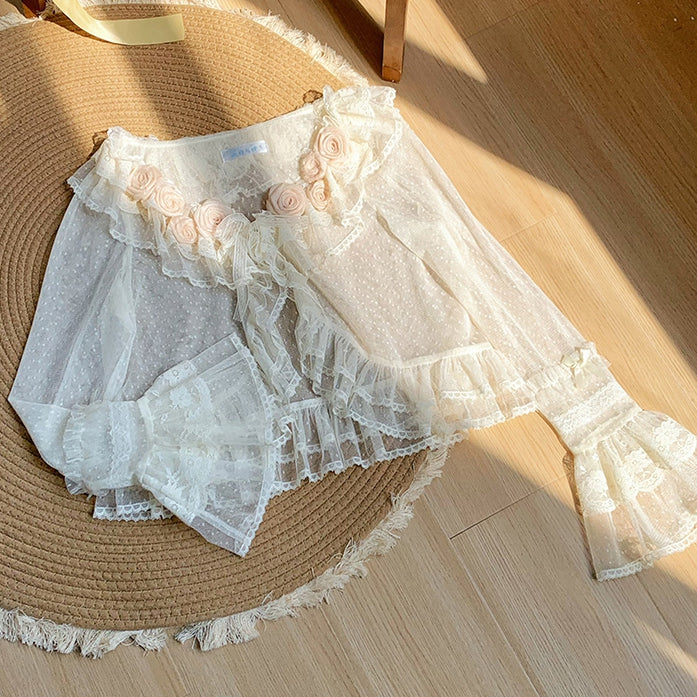 Sheer Tulle Top Long Flounce Sleeves Beige Dotted Trimming