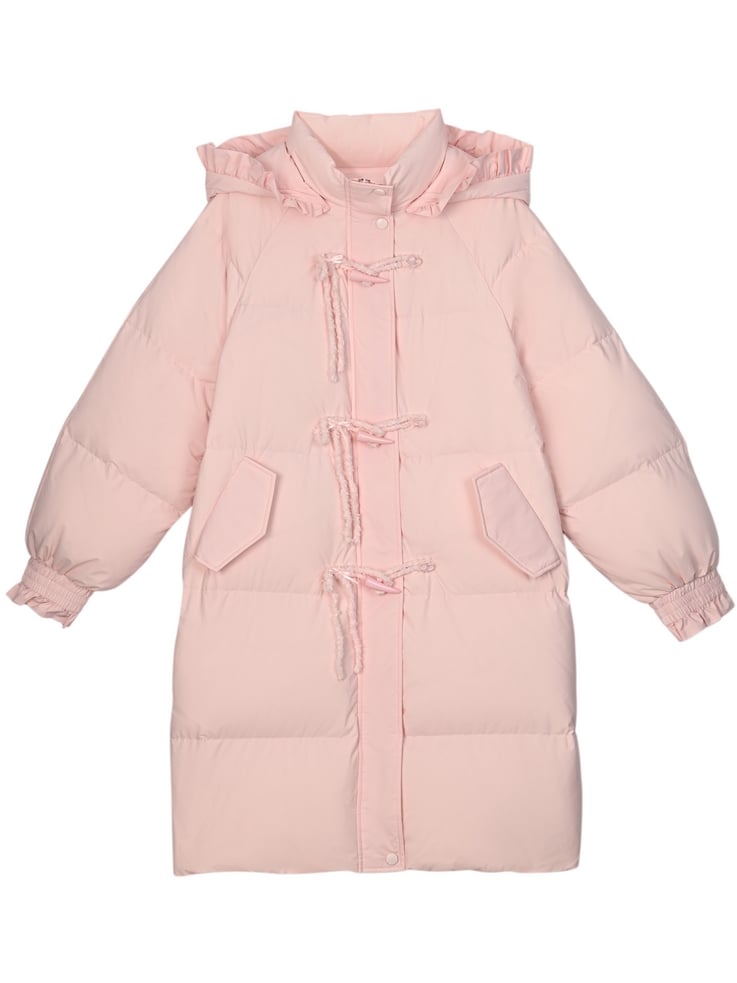 Rosa Daunenmantel mit Kapuze, Schleife und Horn-Knopf
