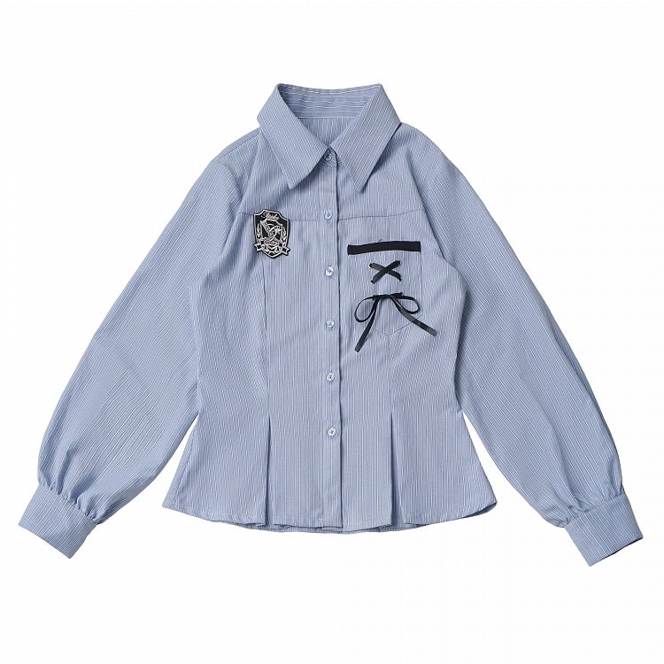 Preppy Kawaii Blue Striped Long Sleeve Shirt with Badge Lace-Up Decor - PINK SAVIOR
