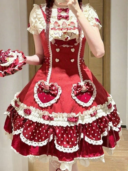 Strawberry-Print JSK Dress with Polka-Dot Bow & Peter Pan Collar Blouse Set - Day Rabbit