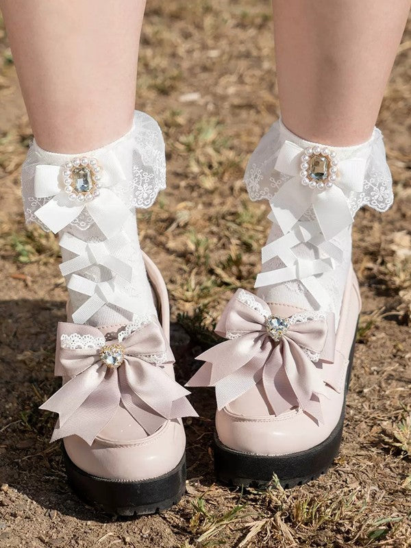 Stulpensocken Strass Schleife Kei Jirai Spitze Wadendetails Weiß/Schwarz