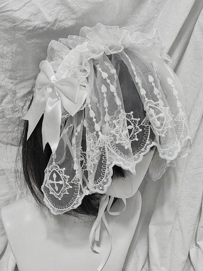 Dual-Tone Gothic Ribbon Headband with Lace and Bow - Dokisuru