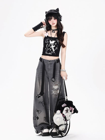 Distressed Straight-Leg Jeans with Embroidery - CRAZY GIRL