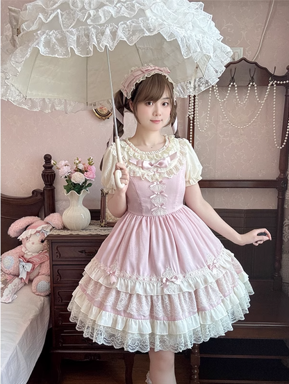 Sweet Lolita Dress Puff Sleeves Bowknot Light Details Pink OP Tiered Lace Trim