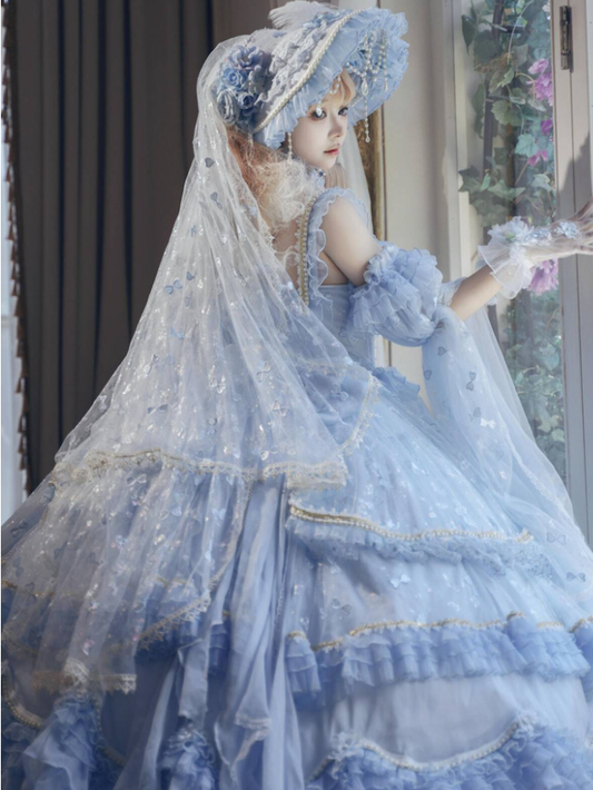Bonnet Veil Lolita Floral Design and Sequined Blue with Details Hanayome Bead