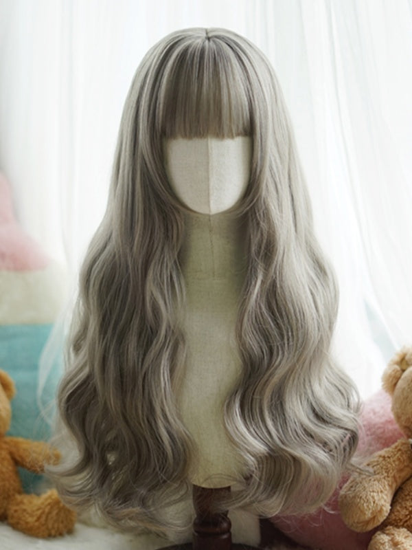 Schwarz/Weiß/Hellblond/Blond/Karamell/Grau, hüftlange, gewellte Perücke mit vollem Pony