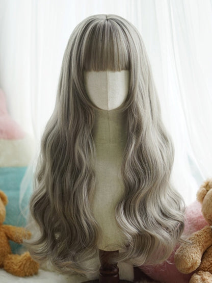 Schwarz/Weiß/Hellblond/Blond/Karamell/Grau, hüftlange, gewellte Perücke mit vollem Pony