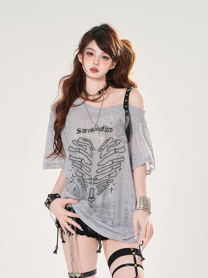 Heart Print Holes Asymmetrical Neckline Distressed