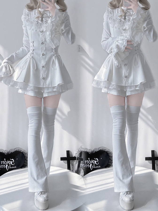 Matching Detachable Set: Bow Lace-Up Bell Sleeve with Waist Shorts Coord Kei Dress White Bib Tie Jirai