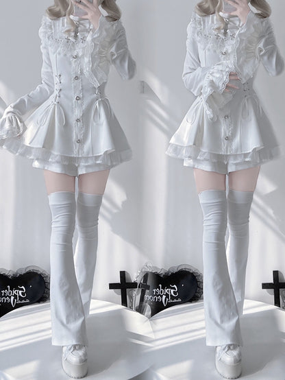 Matching Detachable Set: Bow Lace-Up Bell Sleeve with Waist Shorts Coord Kei Dress White Bib Tie Jirai