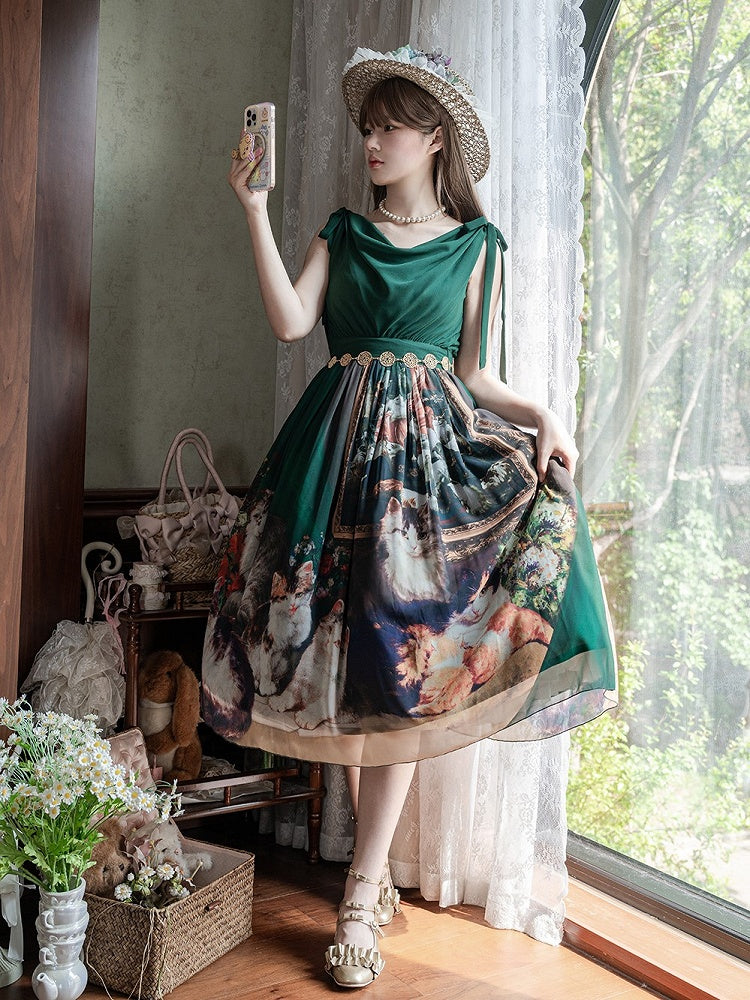 Dark Green Cat Oil Painting Print Elegant Lolita Maxi Dress with Cowl Neckline and Tie Straps