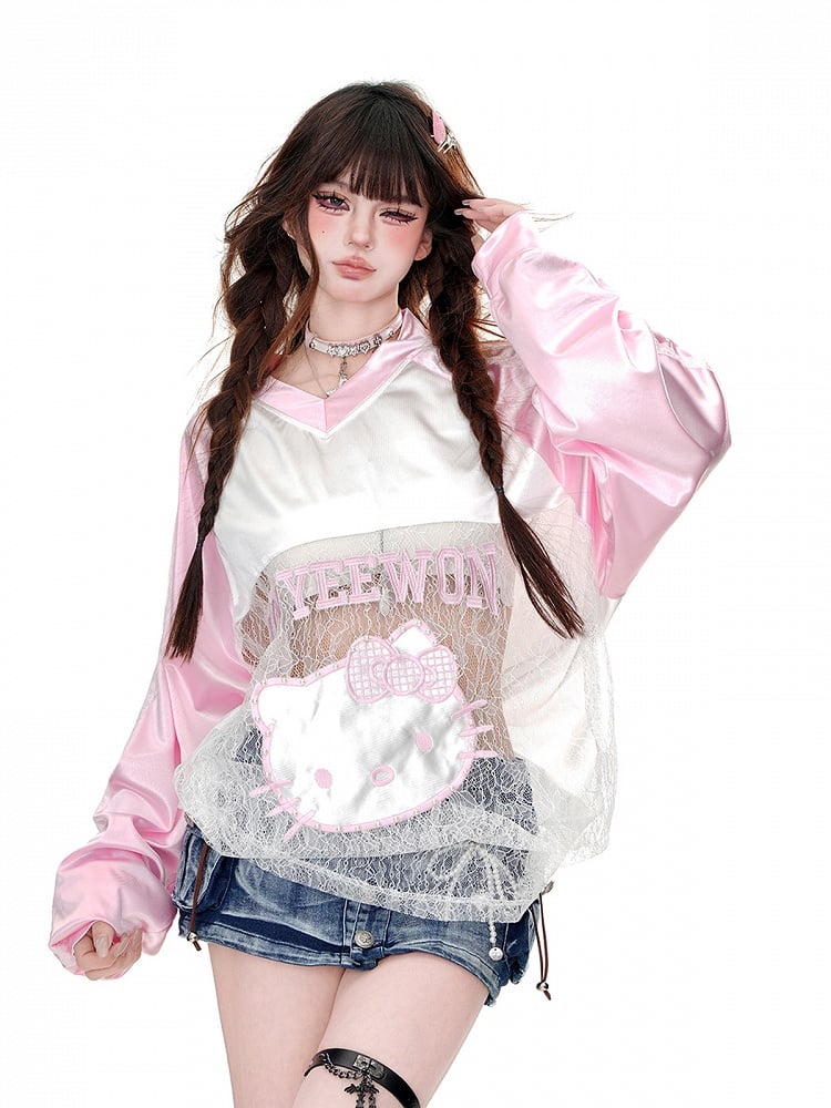 Lockeres Sweatshirt mit Katzenmuster, kontrastierenden Spitzenpatches und V-Ausschnitt