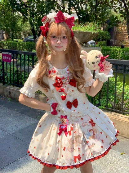 Beige Bear & Strawberry Print Adjustable-Strap Jumper Dress - Honey Village