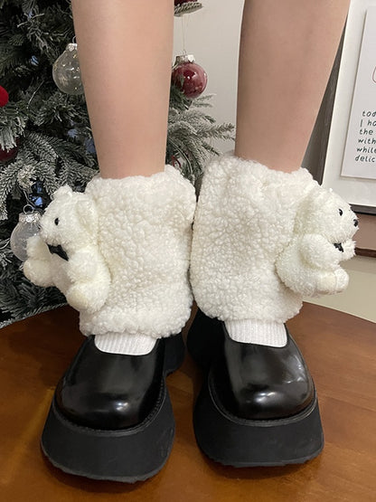 White Sweet Bear Doll Bowknot Plush Leg Warmers